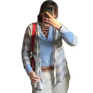 Maurices Striped Hooded Cardigan Open Front Lightweight Gray 2X Grunge Y2K Prep